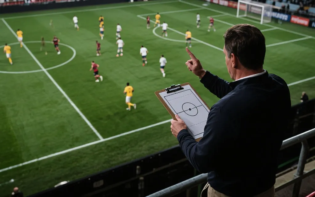 世界杯决赛临场战术板与球场俯视图，教练在场边指挥，紧张氛围