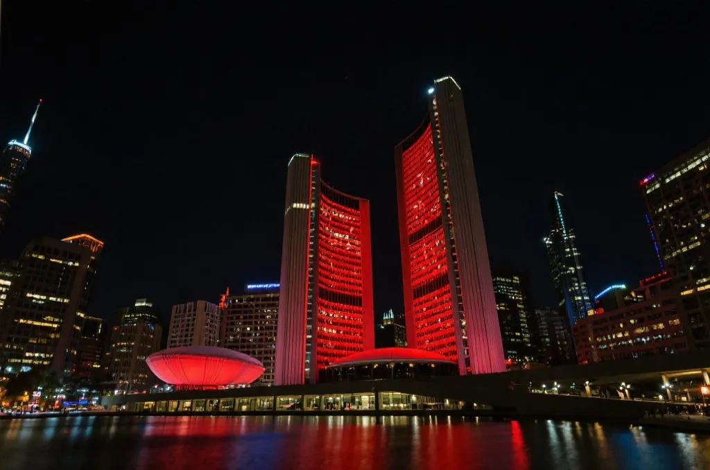 多伦多市中心地标建筑亮起象征国家队的红色灯光,夜景璀璨